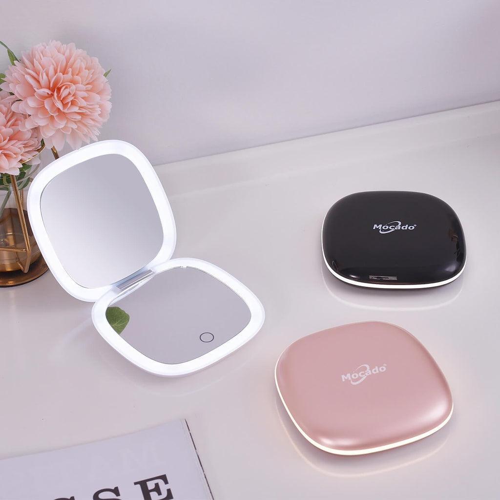 Compact LED Magnifying Travel Makeup-Mirror - 4 inches 1X/10X Magnification Small Hand Pocket Dimmable Double Sided USB 