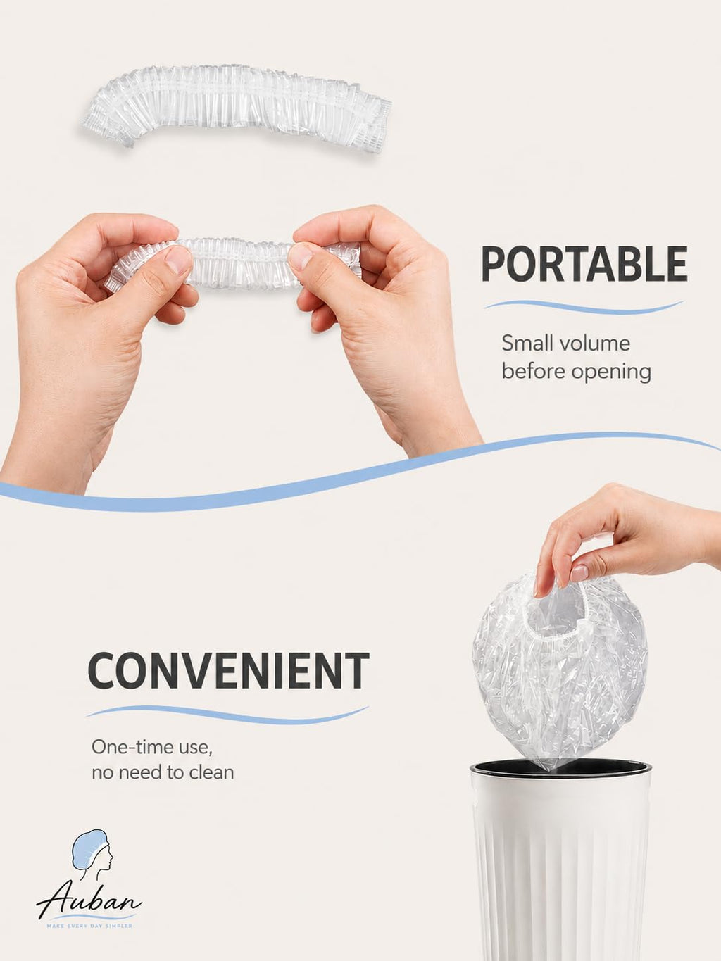 Auban 100PCS Disposable Shower Caps, Plastic Clear Hair Cap Large Thick Waterproof Bath Caps for Women, Hotel Travel Ess