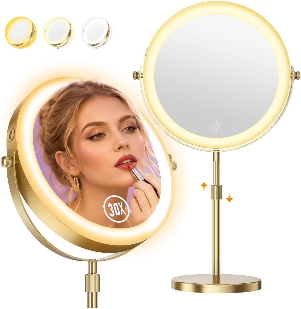 1X/20X Makeup Mirror with Lights, 9" Magnifying Mirror 5000mAh Rechargeable
