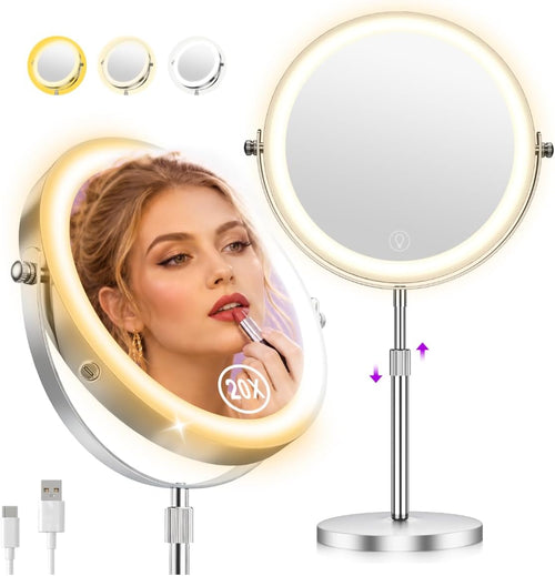 1X/20X Makeup Mirror with Lights, 9" Magnifying Mirror 5000mAh Rechargeable