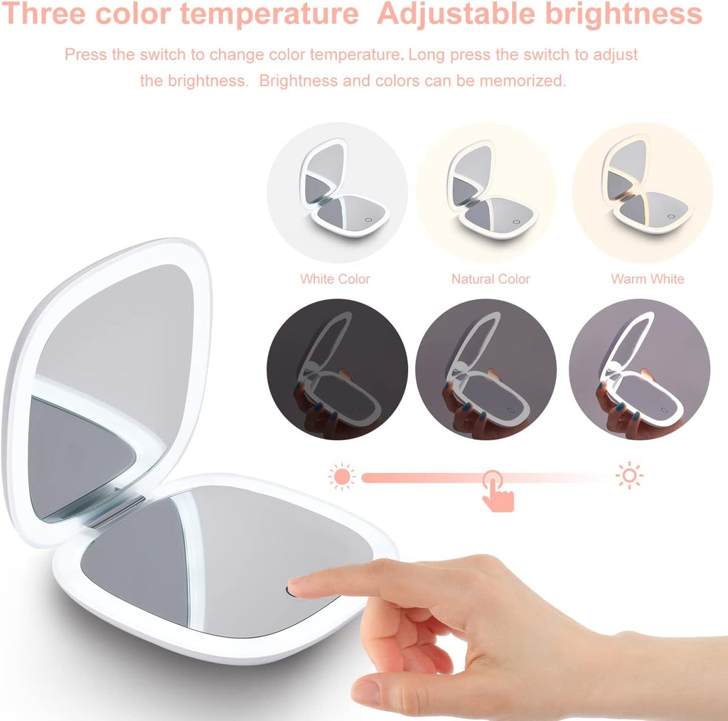 Compact LED Magnifying Travel Makeup-Mirror - 4 inches 1X/10X Magnification Small Hand Pocket Dimmable Double Sided USB 