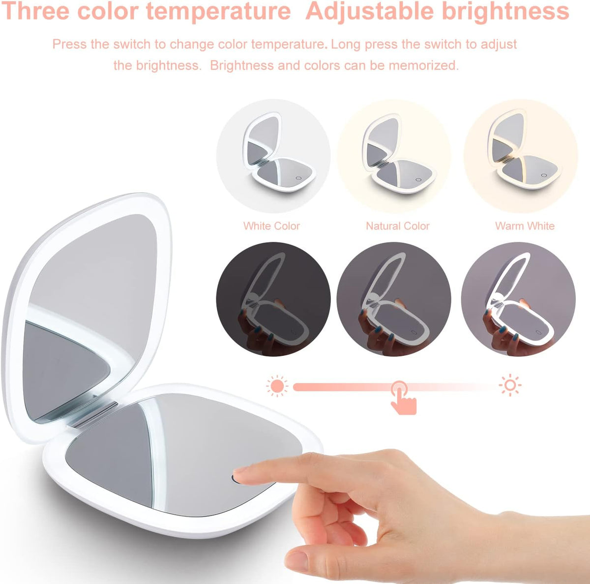 Compact LED Magnifying Travel Makeup-Mirror - 4 inches 1X/10X Magnification Small Hand Pocket Dimmable Double Sided USB 