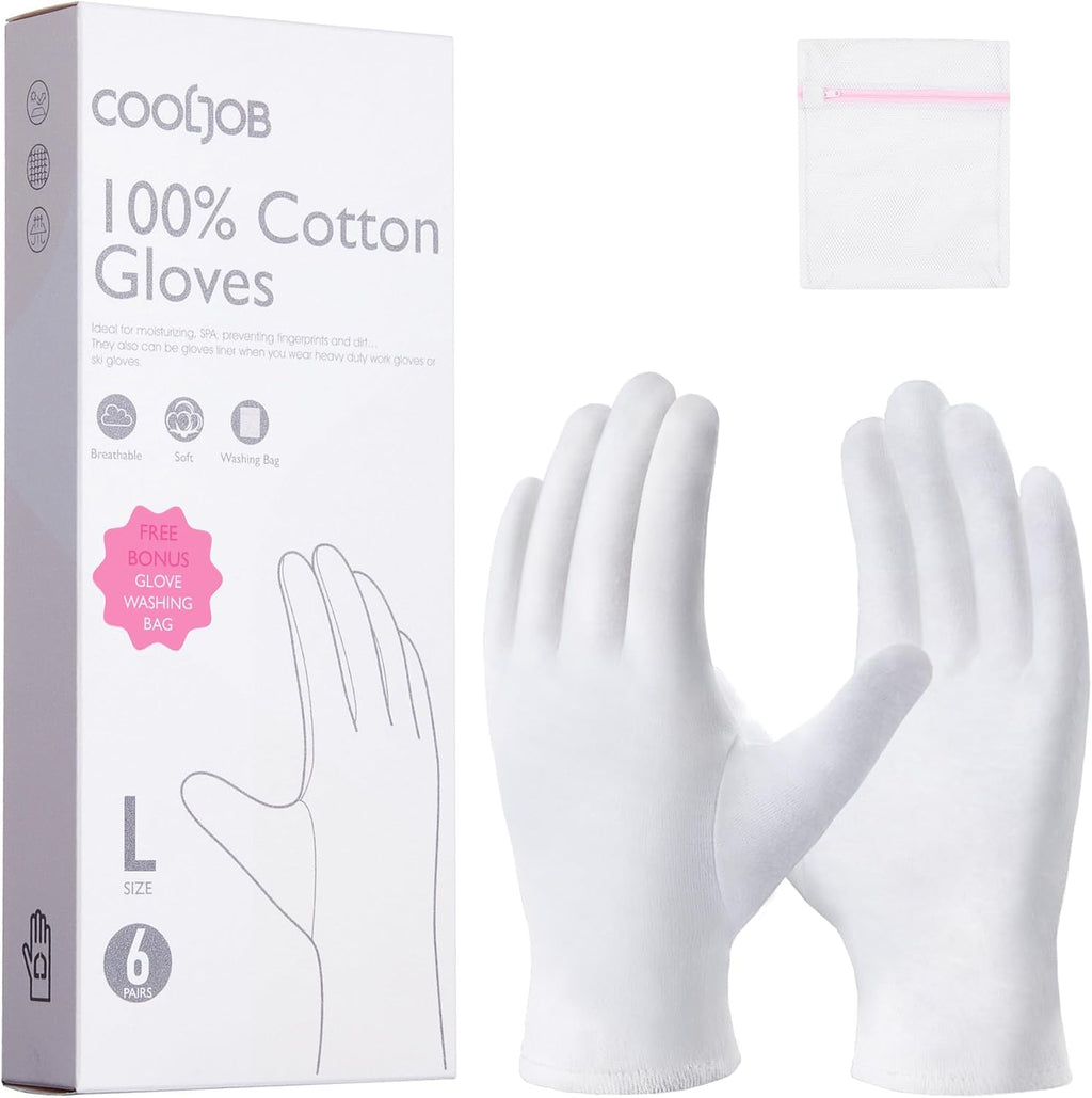 COOLJOB 100% Cotton Gloves, 6 Pairs White Cotton Gloves for Dry Hands Moisturizing & Eczema, Overnight Lotion, Sleep & S