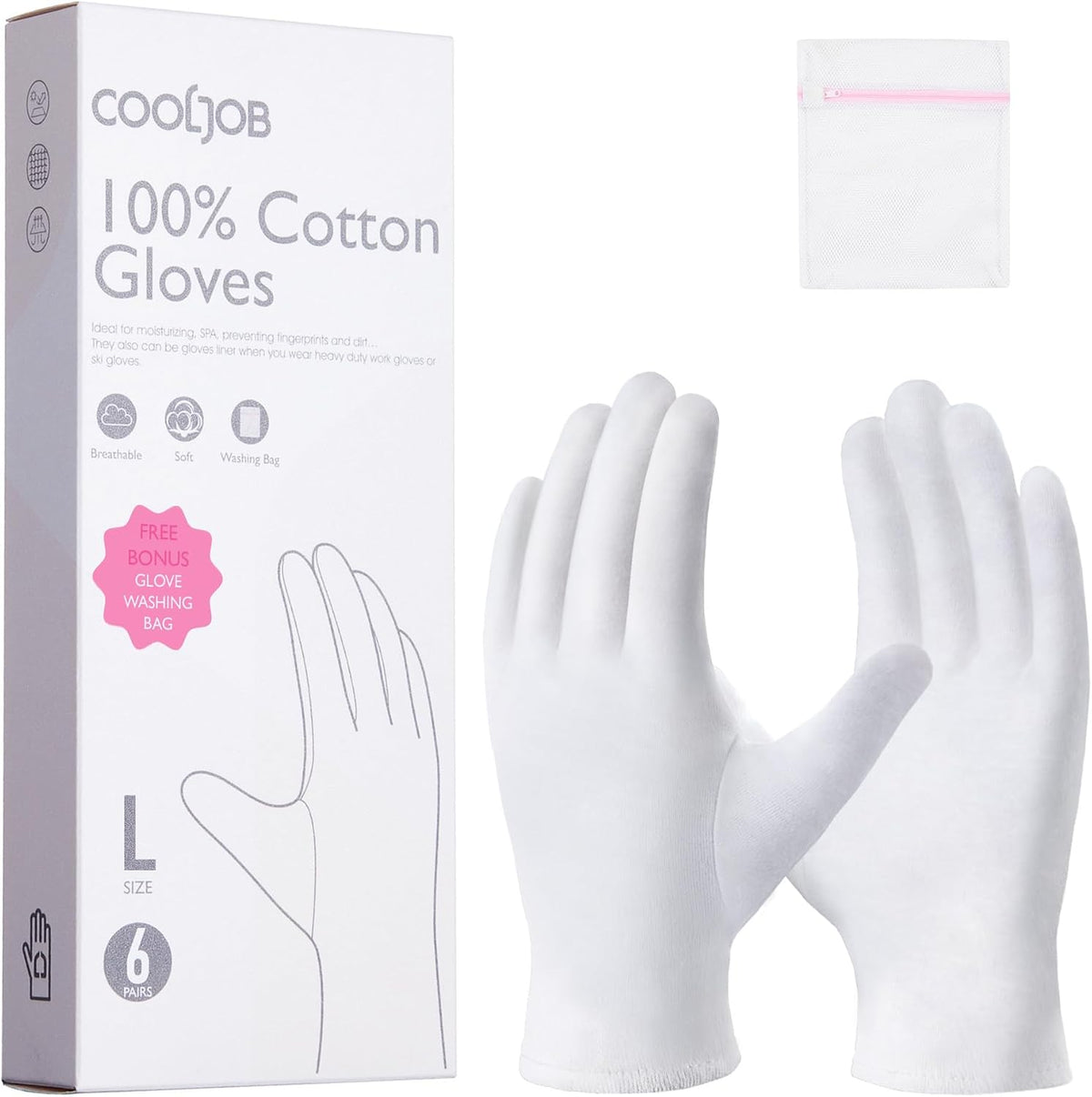 COOLJOB 100% Cotton Gloves, 6 Pairs White Cotton Gloves for Dry Hands Moisturizing & Eczema, Overnight Lotion, Sleep & S