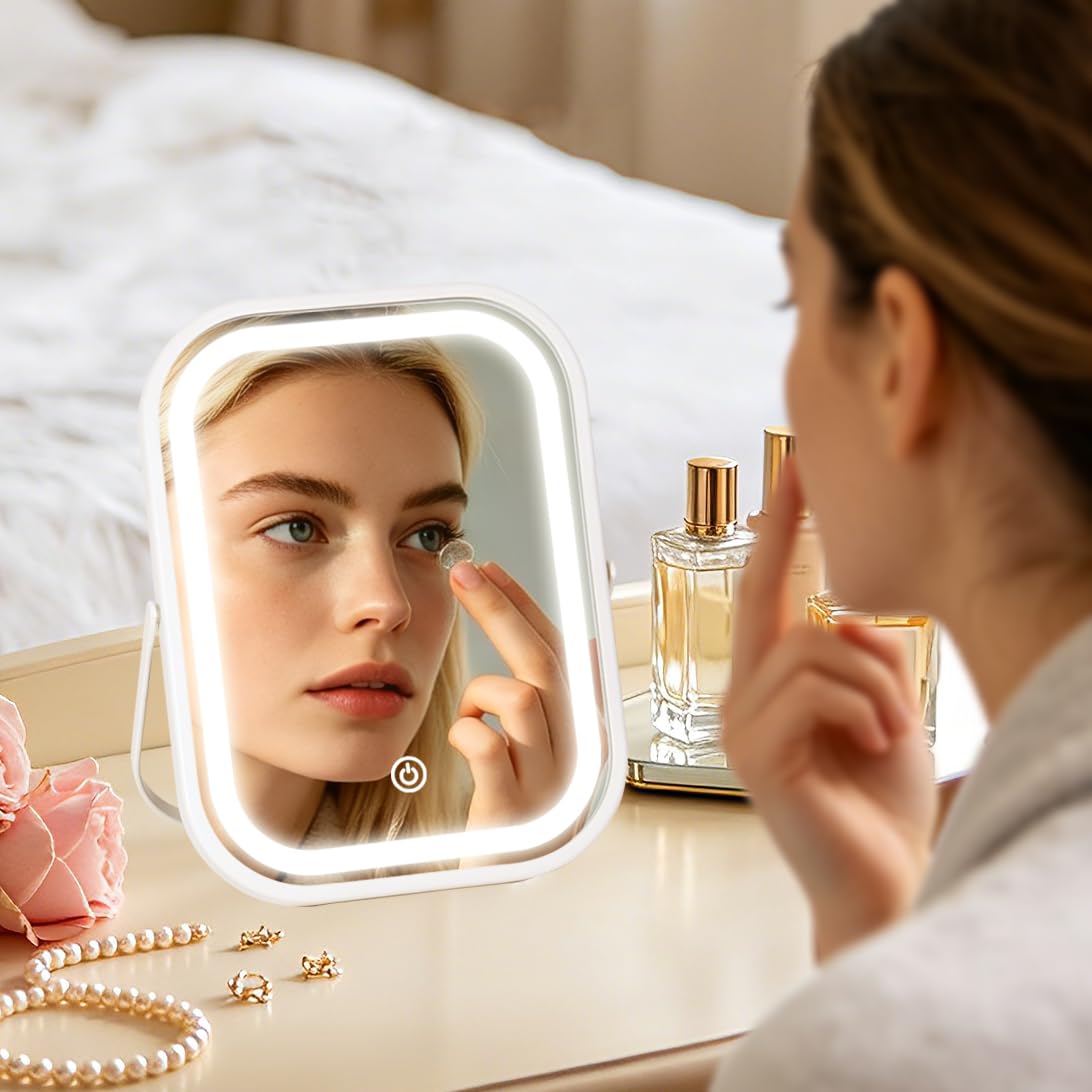 YEKKOPT Travel Makeup Mirror with Lights, Portable Small Beauty LED Vanity Mirror with Lights, 1200mAh Battery, Dimmable