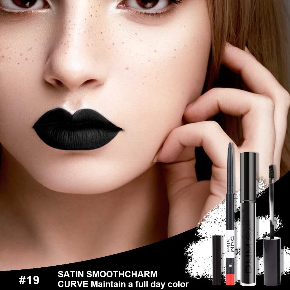 evpct 2Pcs Black Matte Liquid Lipstick and Lip Liner Gloss Stain Pencil Makeup Set Long Lasting Dark Matte Lipstick 24H 