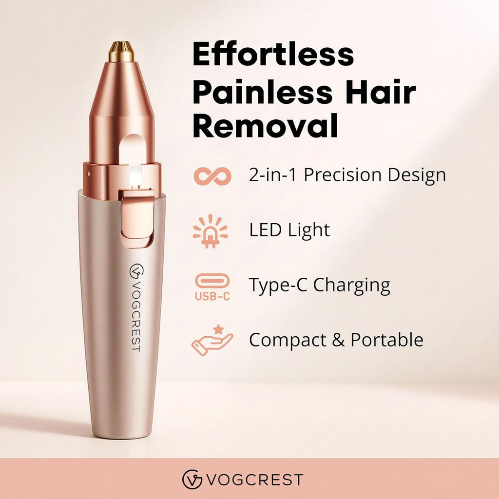 VG VOGCREST Eyebrow & Facial Trimmer: 2 in1 Rechargeable Facial Hair Removal & Eyebrow Shaver - Body Razor with Built-in
