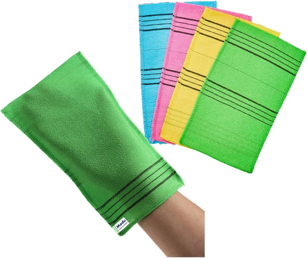 Modu Korean Exfoliating Mitts Large 4PCS (Green, Yellow, Sky Blue, Pink) – Exfoliating Gloves Body Scrubber Italy Towel 