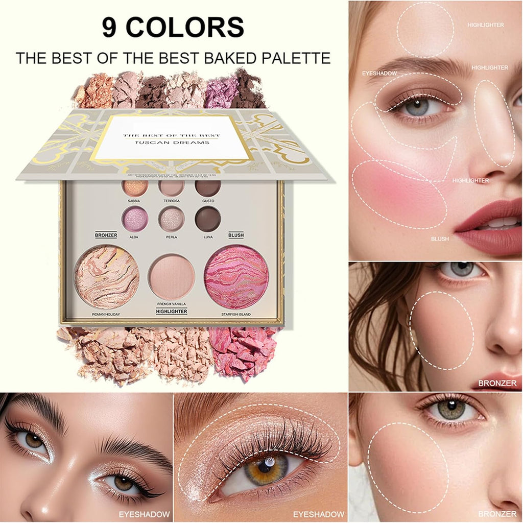 All in One Baked Makeup Face Palette, Includes 6 Eyeshadows, Bronzer, Blush, and Highlighter, Blush and Bronzer Palette,