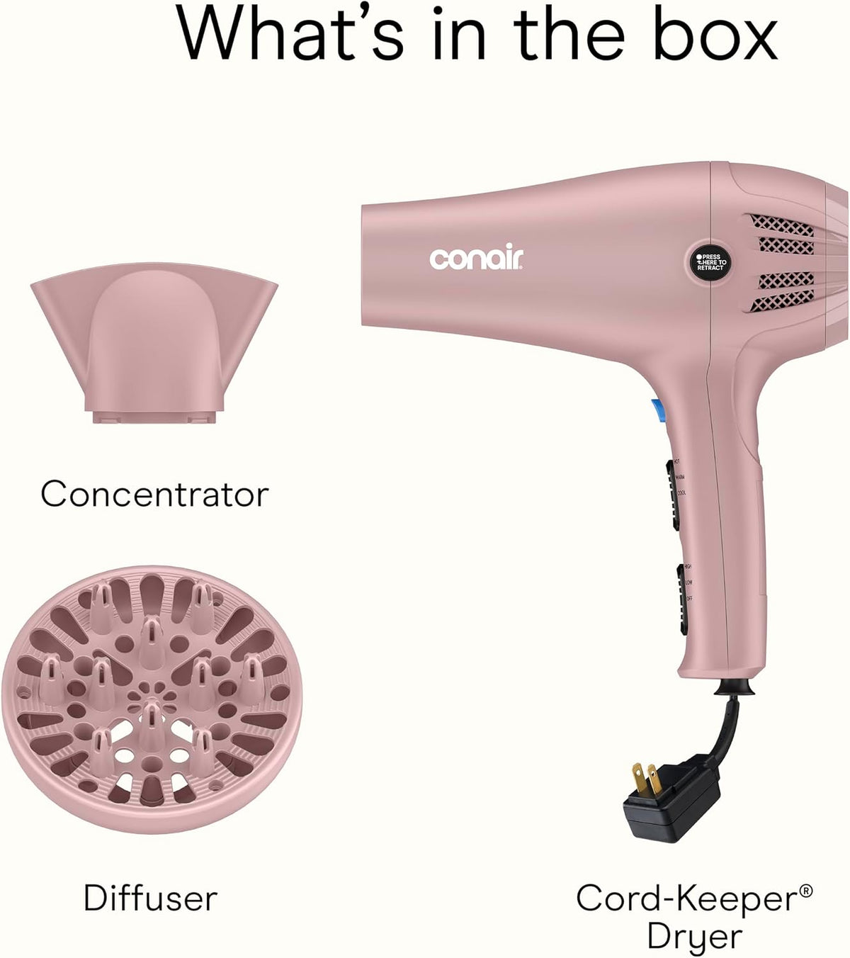 Conair Hair Dryer with Diffuser & Concentrator, 1875W, Matte Light Pink