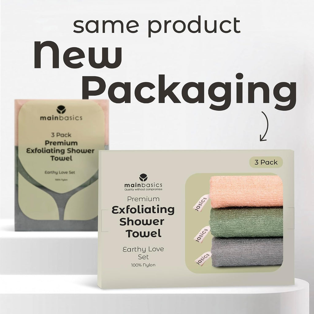 MainBasics Deep Exfoliating Japanese Shower Towel, 3 Pack, Earthy Love