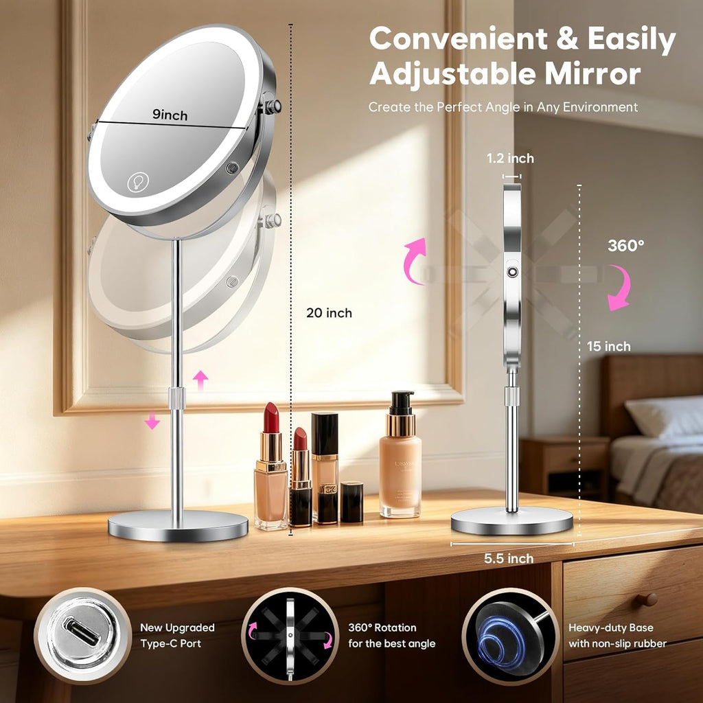 1X/20X Makeup Mirror with Lights, 9" Magnifying Mirror 5000mAh Rechargeable