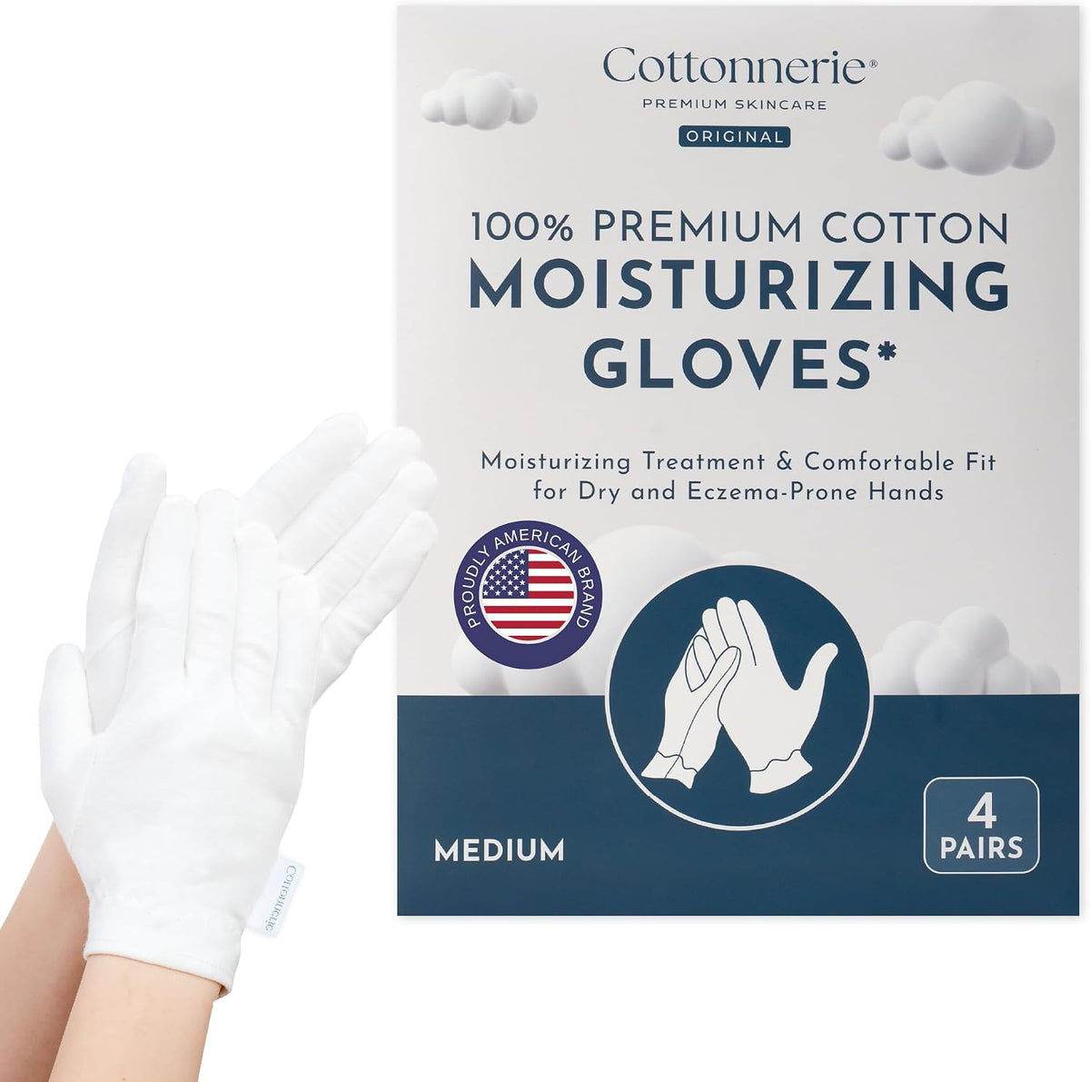4 Pairs Cottonnerie Original Cotton Gloves for Dry Hands Sleeping, Moisturizing Gloves Overnight, Hand Moisturizer Glove