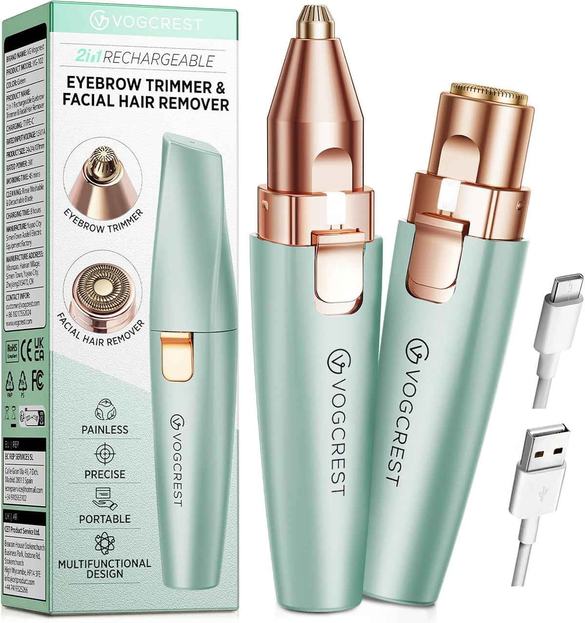 VG VOGCREST Eyebrow & Facial Trimmer: 2 in1 Rechargeable Facial Hair Removal & Eyebrow Shaver - Body Razor with Built-in