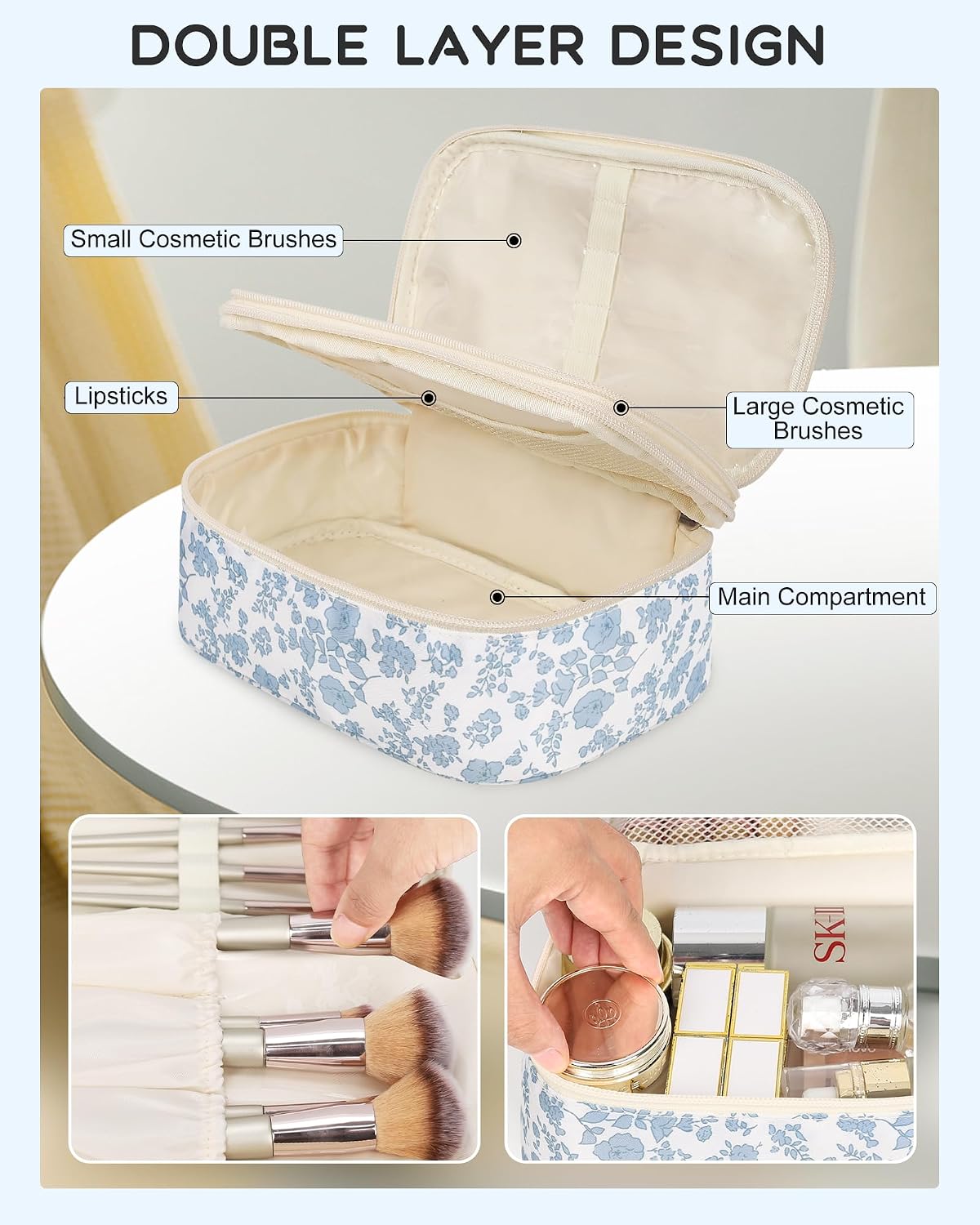 Relavel Travel Makeup Bag, Small Floral Cosmetic Bag with Handle for Trip