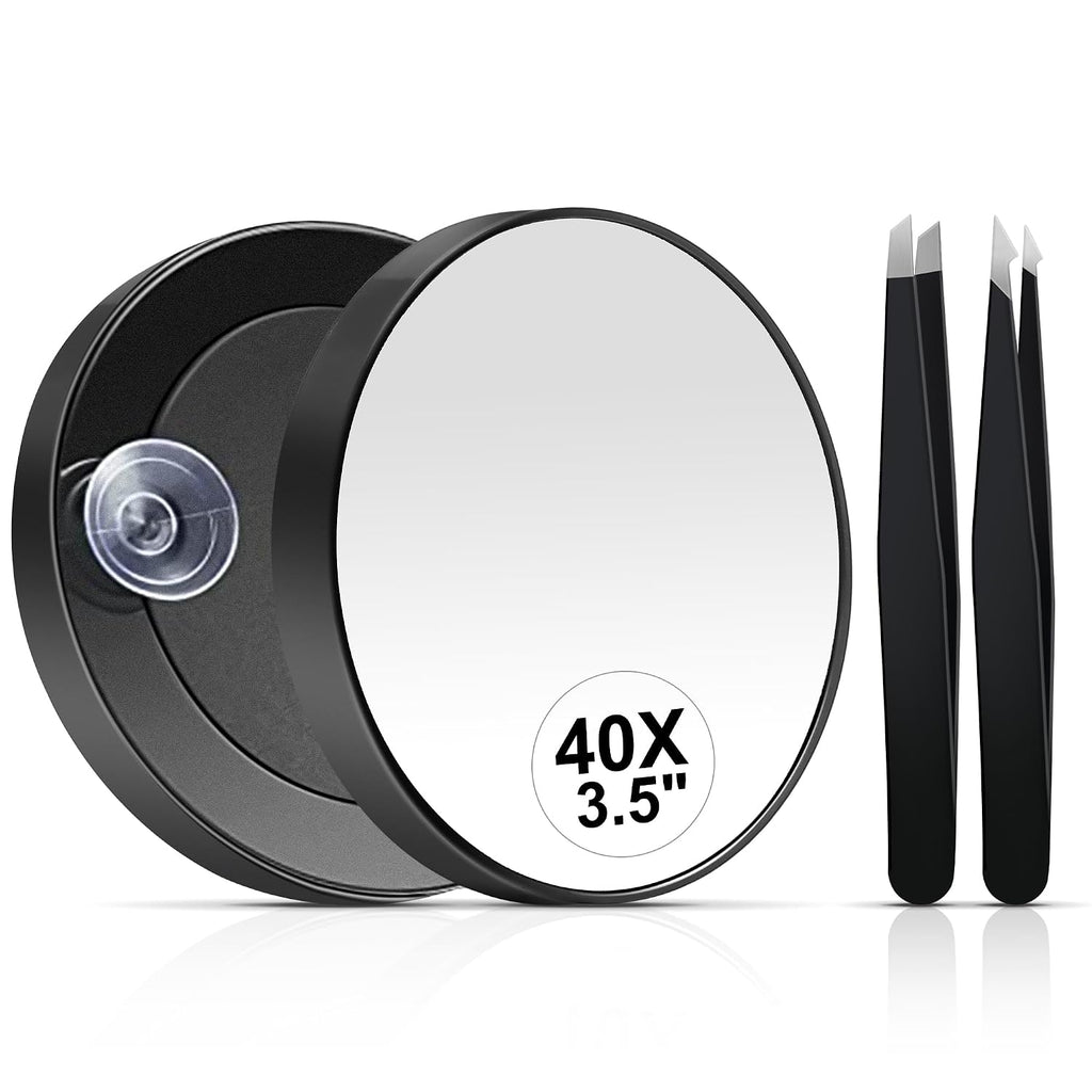 MIYADIVA 40X Magnifying Mirror, 3.5 Inch Round Compact Mirror with Suction Cup, Stainless Steel Tweezers, Perfect for Ma
