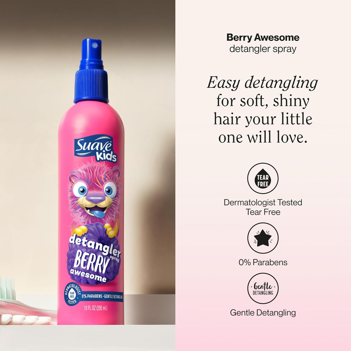 Suave Kids Detangler Spray For Tear-Free Styling, Berry Awesome Dermatologist-Tested Hair Detangler Formula 10 oz, Pack 
