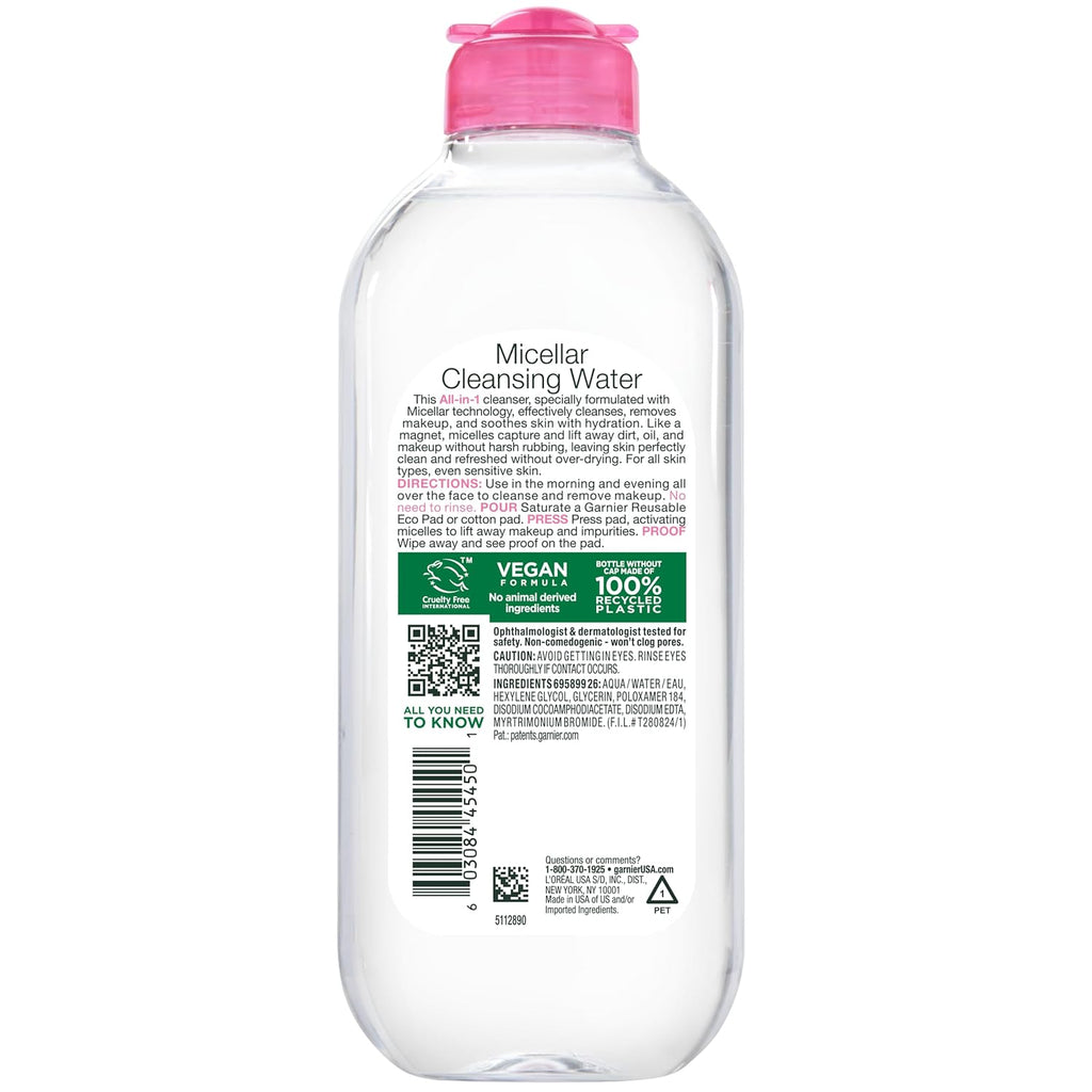 Garnier Micellar Water, Hydrating Facial Cleanser & Makeup Remover, Suitable for Sensitive Skin, Vegan, Cruelty Free, 13