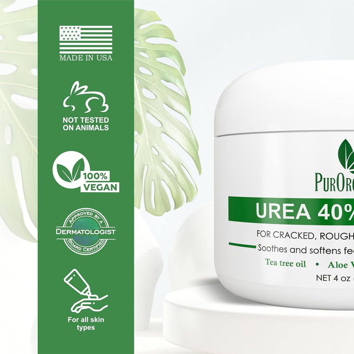 PurOrganica Urea Cream 40% for Feet, Dry Cracked Heels and Calluses, 4 oz