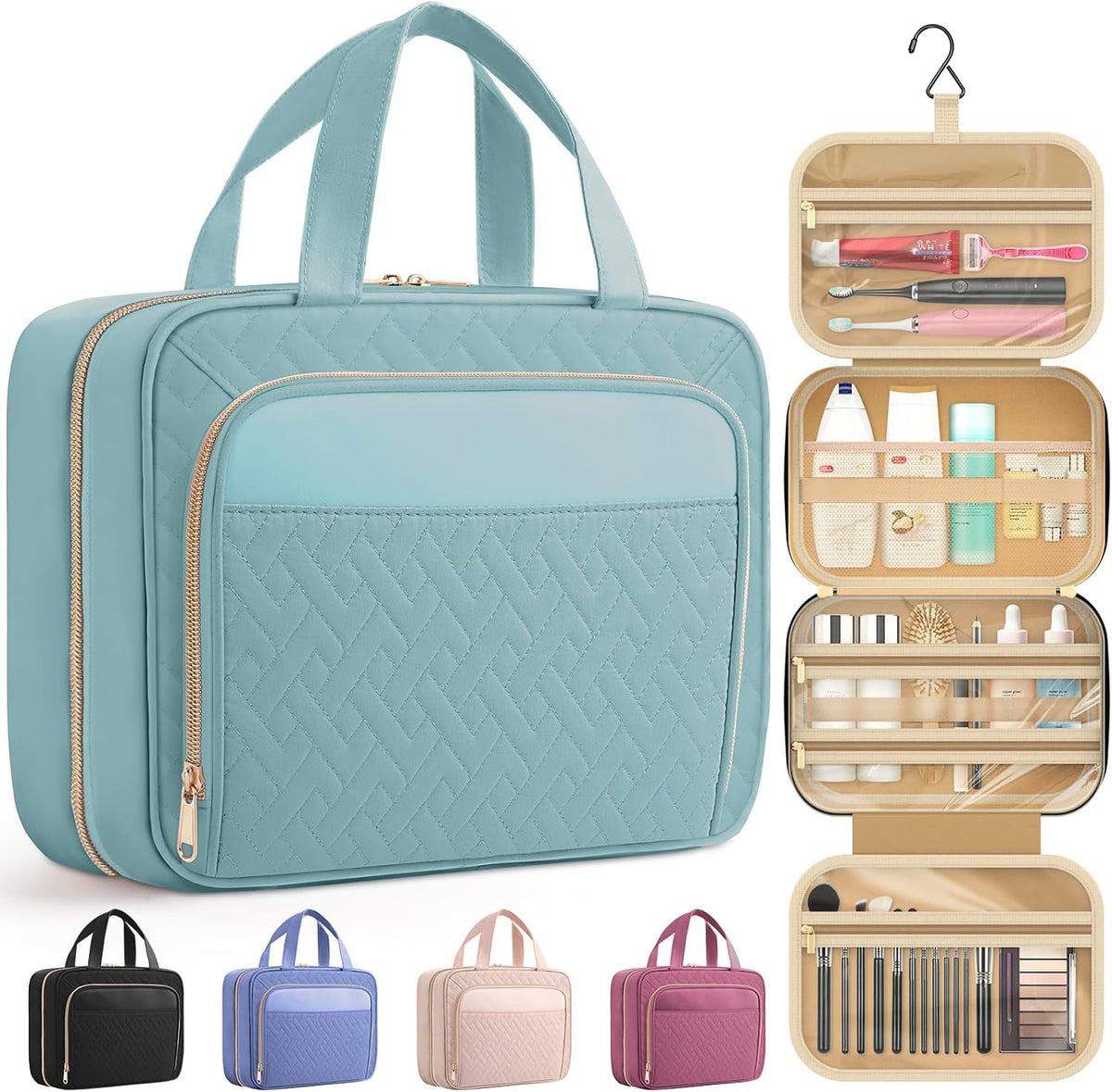 HOTOR Hanging Travel Toiletry Bag Women Men, Black, Medium