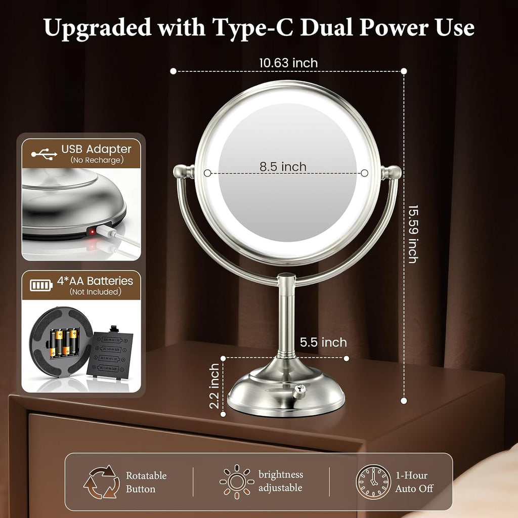 Professional 8.5" Large Lighted Makeup Mirror with Brighter Lights, 1X/10X True HD Magnifying Mirror with 3 Color Dimmab