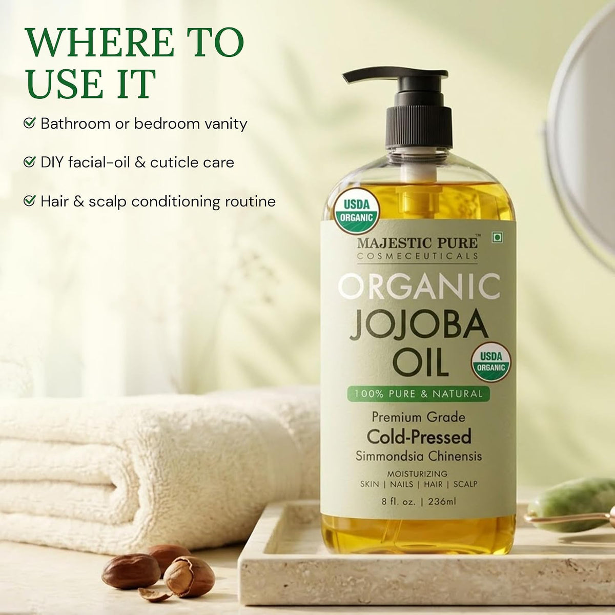 Majestic Pure USDA Organic Jojoba Oil 100% Pure & Natural Hair Tonic- 8 Oz
