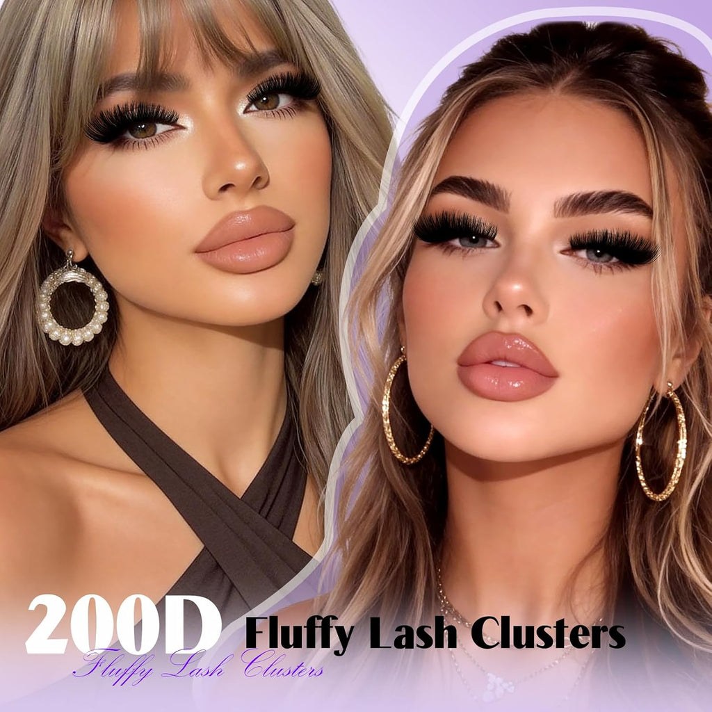 B&Q Fluffy Lash Clusters 200D,Dramatic Full Eyelash Clusters Volume 10-18mm