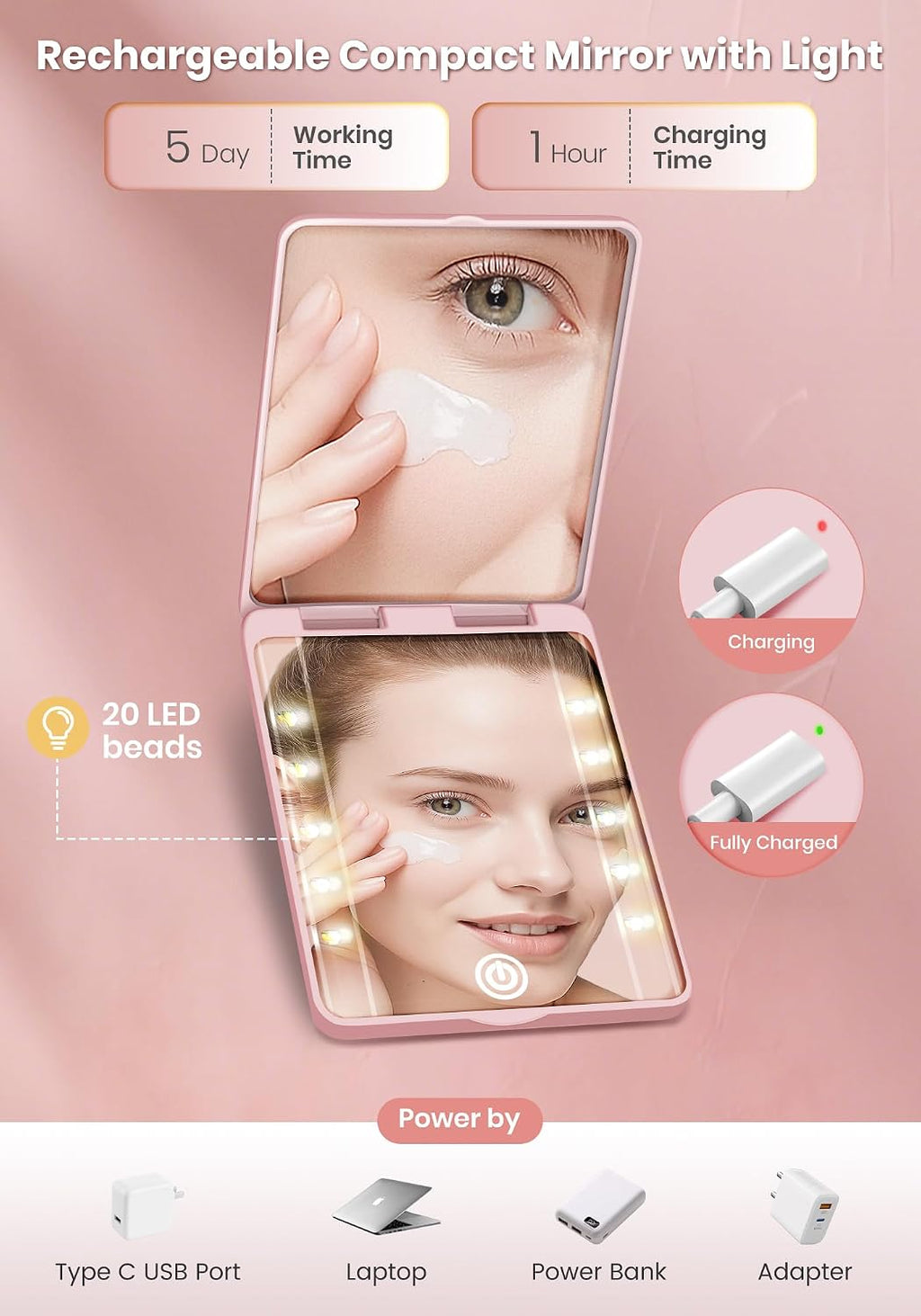 Compact Mirror, Rechargeable Magnifying Makeup Mirror with Light 30X Pink