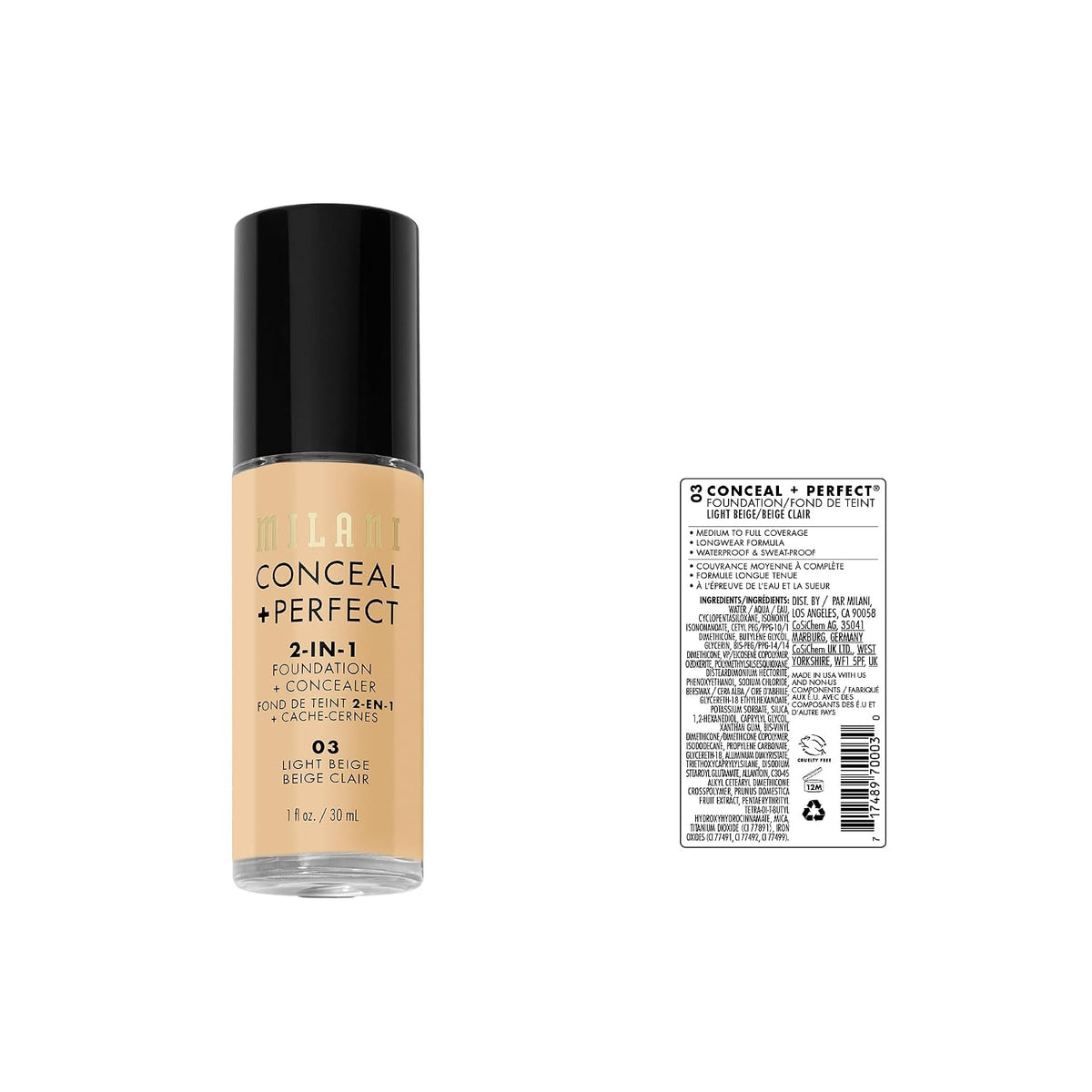 Milani Conceal + Perfect Liquid Foundation Makeup - Light Beige, 1 Fl. Oz