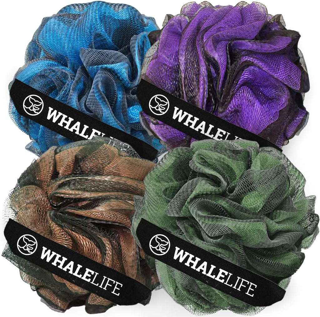 WhaleLife Bath Loofah Sponge for Shower - Body Scrubber 4-Pack Black