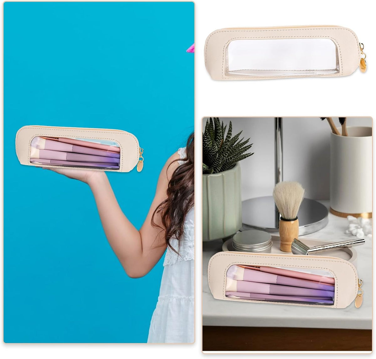 Psyqtsuary Small Clear Makeup Bag, PU Leather Travel Makeup Brush Case Portable Transparent Waterproof Cosmetic Organize