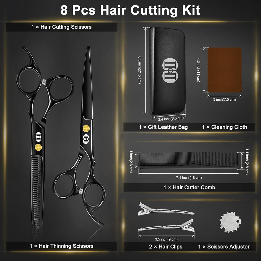 Hair Cutting Scissors Shears Kit, 6.7″ Barber Scissors Set (Black)