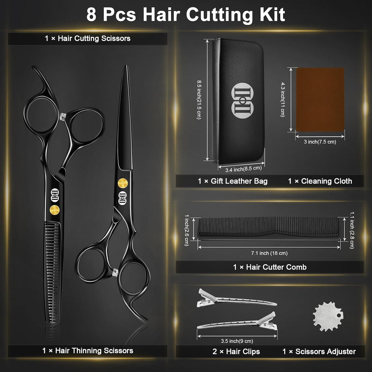 Hair Cutting Scissors Shears Kit, 6.7″ Barber Scissors Set (Black)