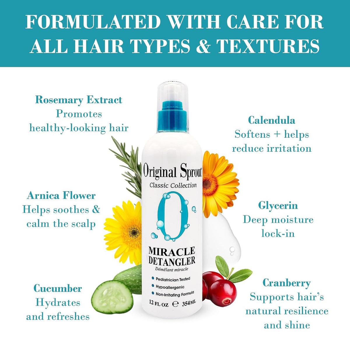 Original Sprout Miracle Detangler Spray, Lightweight Non-Greasy Leave-In Conditioner Spray for All Hair Types, Smooths, 