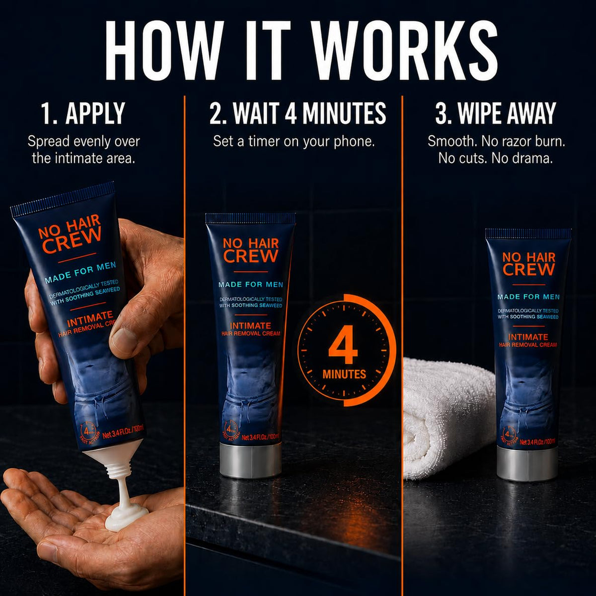 No Hair Crew Intimate/Private At Home Hair Removal Cream for Men - Painless, Flawless, Soothing Depilatory for Unwanted 