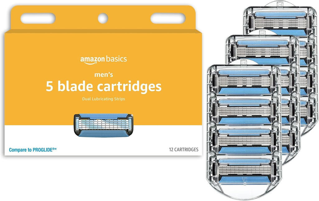Amazon Essentials 5-Blade Razor Refills for Men with Dual Lubrication and Precision Beard Trimmer, 12 Cartridges (Fits A
