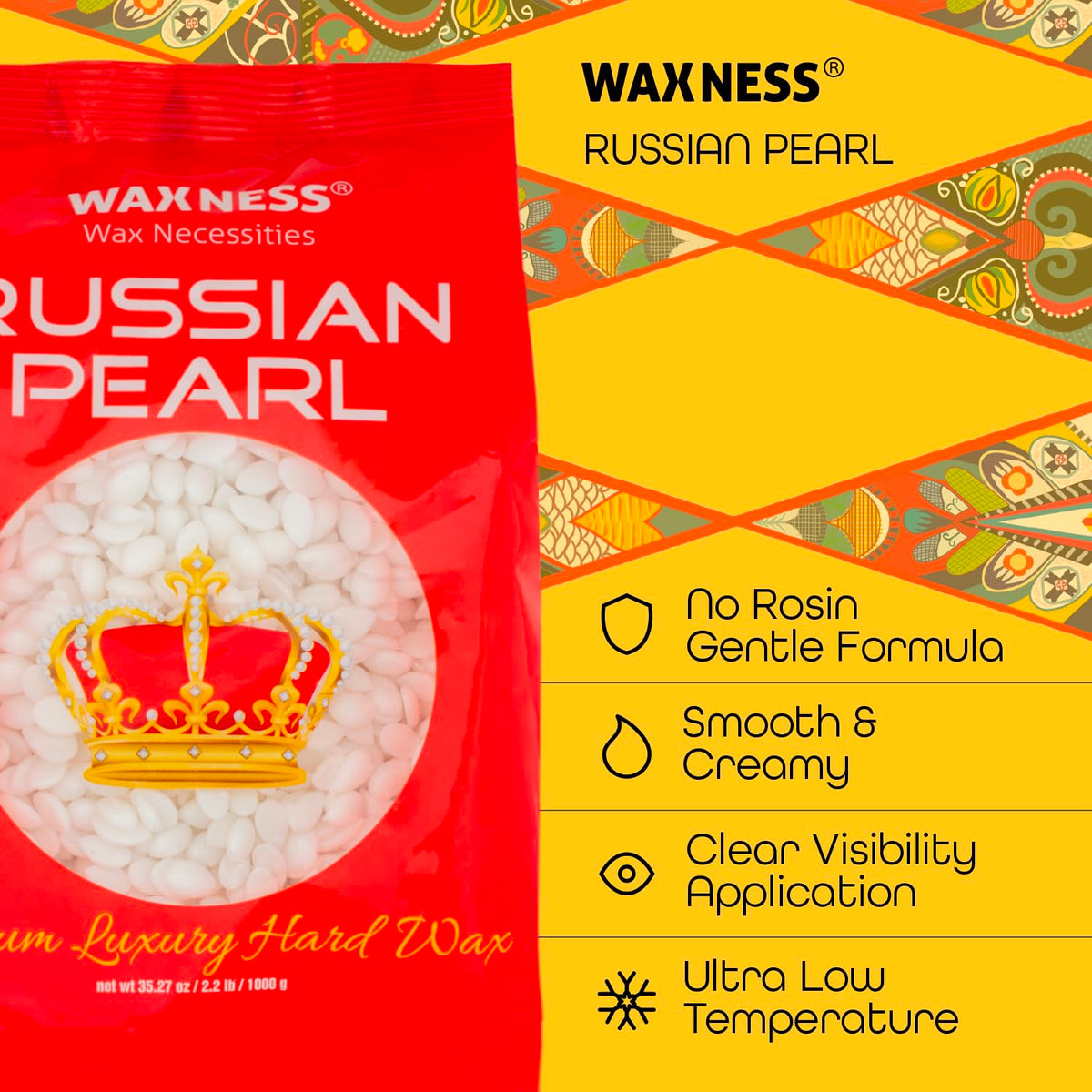 Waxness Russian Pearl Hard Wax Beads 2.2 lb (1 kg) – Rosin-Free Stripless Hard Wax with Creamy Texture and Skin Visibili