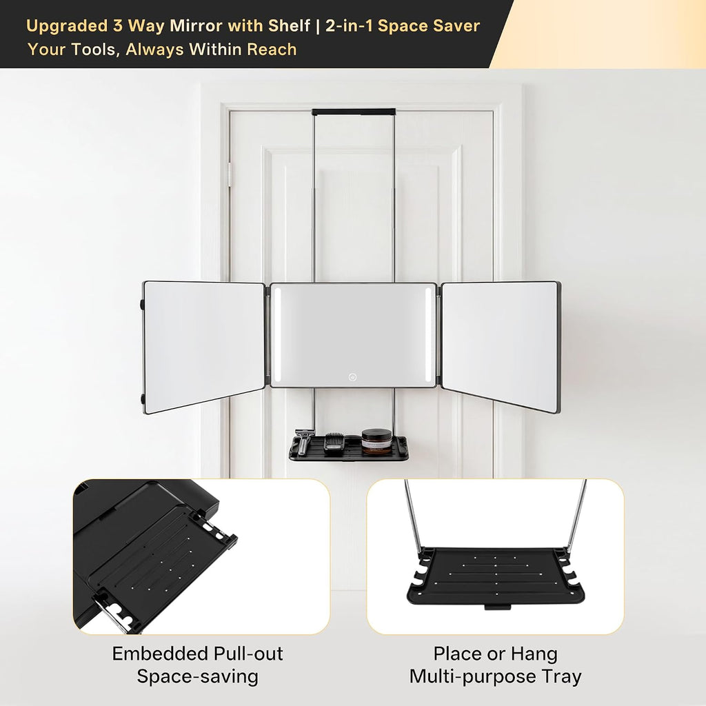 3 Way Mirror with Light & Shelf for Self Hair Cutting Rechargeable