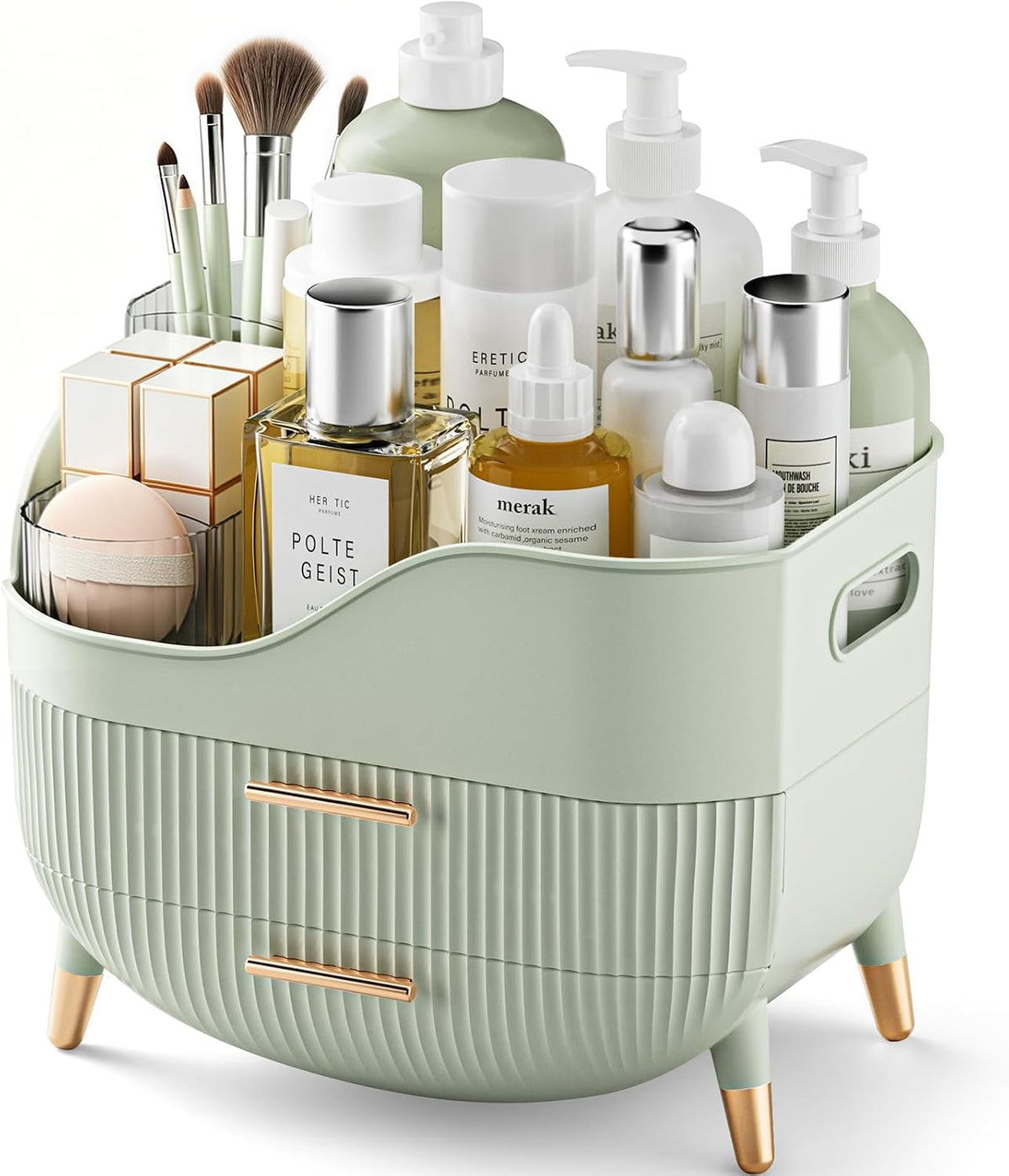 Pajiriona Makeup Organizer with Drawers, Green Skincare Organizer for Vanity, Storage Box with Handle, Large Cosmetic Di