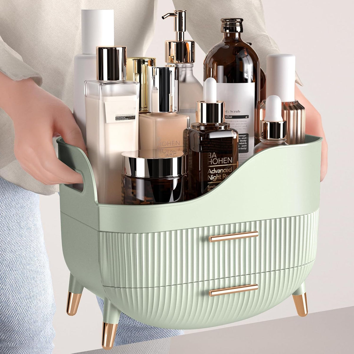 Pajiriona Makeup Organizer with Drawers, Green Skincare Organizer for Vanity, Storage Box with Handle, Large Cosmetic Di