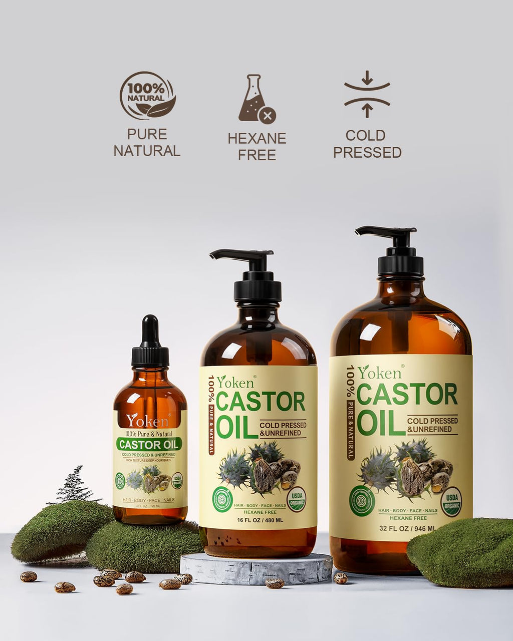 Yoken USDA Organic Castor Oil 16oz Cold Pressed Hexane Free for Hair Skin
