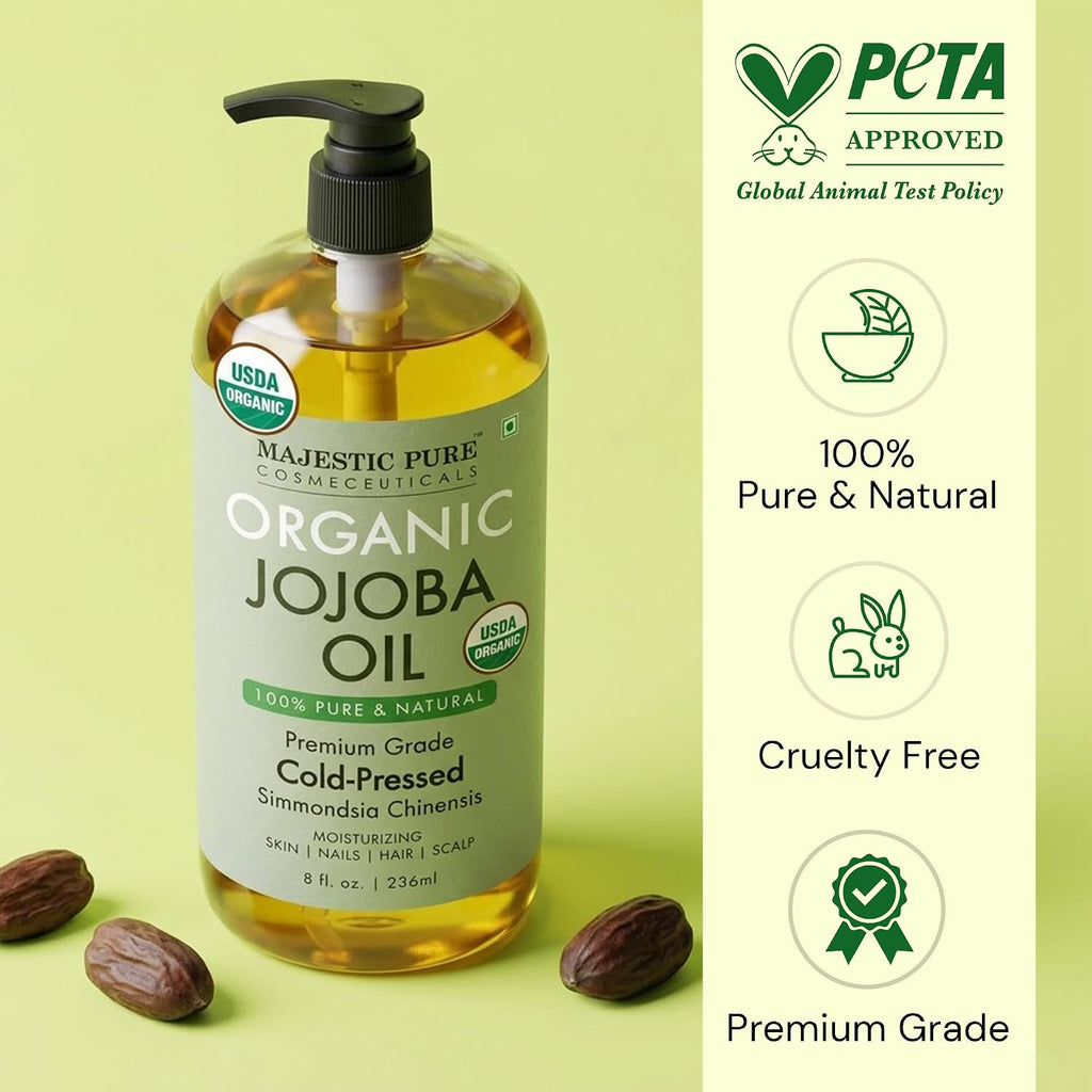 Majestic Pure USDA Organic Jojoba Oil 100% Pure & Natural Hair Tonic- 8 Oz