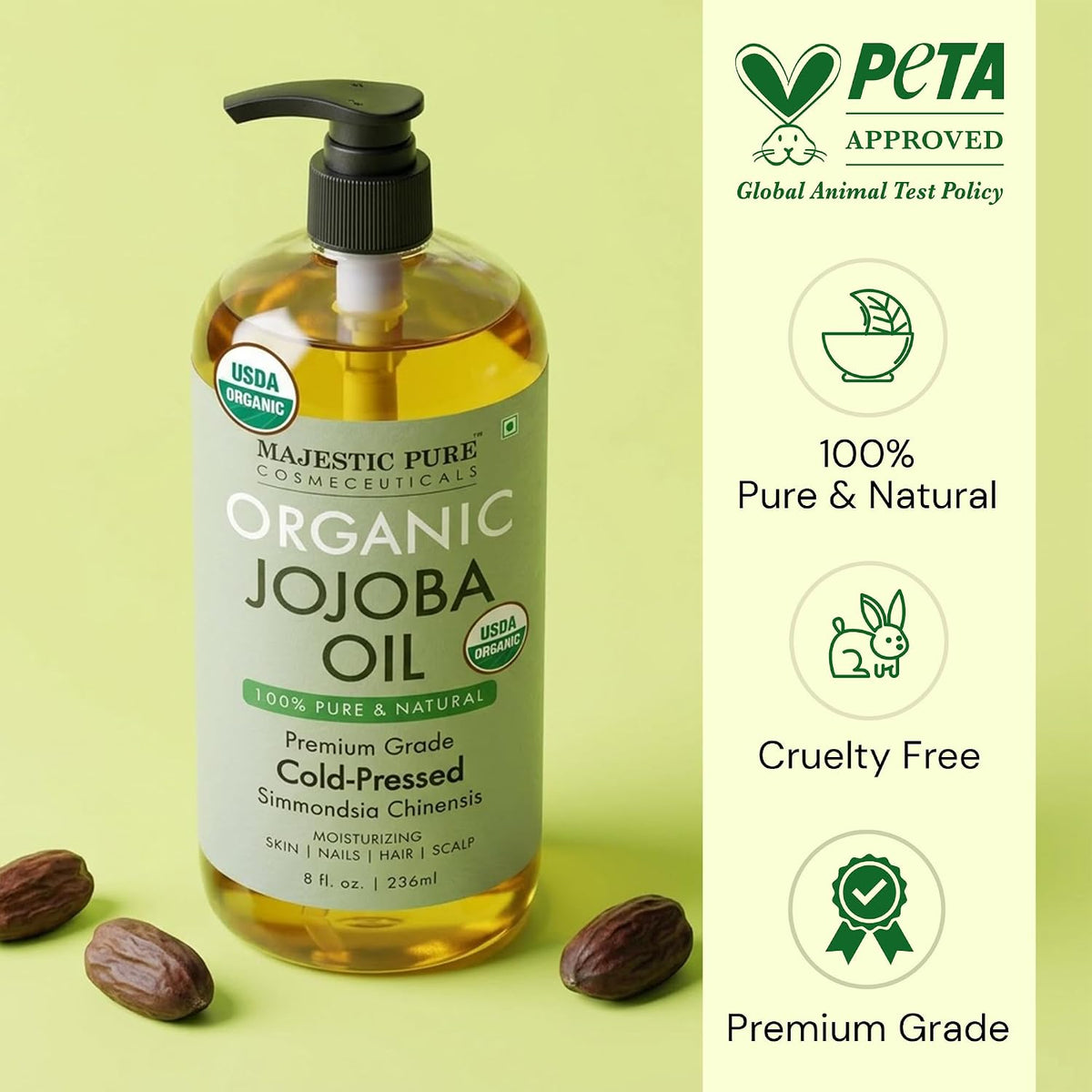 Majestic Pure USDA Organic Jojoba Oil 100% Pure & Natural Hair Tonic- 8 Oz