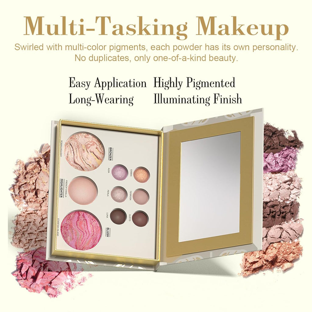All in One Baked Makeup Face Palette, Includes 6 Eyeshadows, Bronzer, Blush, and Highlighter, Blush and Bronzer Palette,