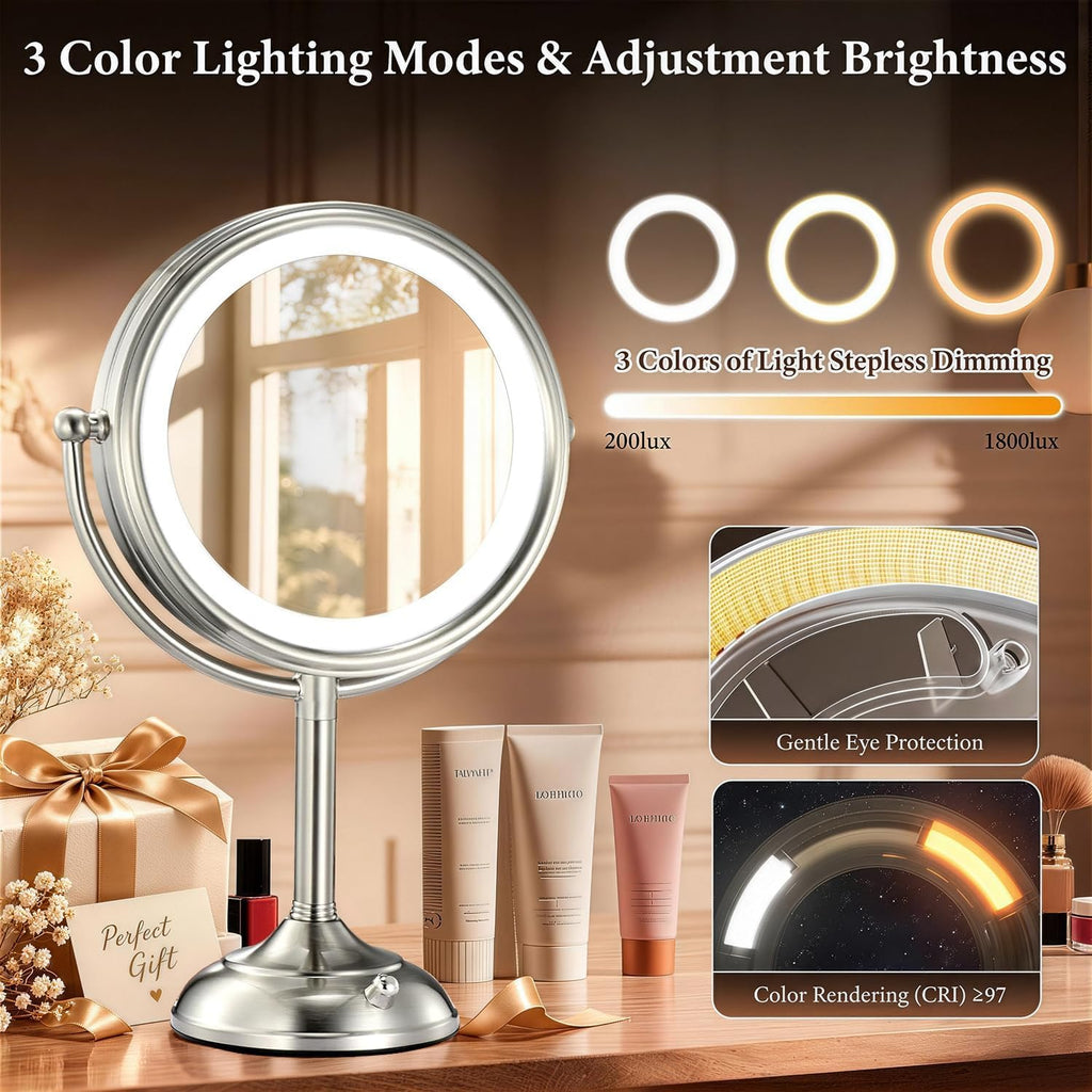 Professional 8.5" Large Lighted Makeup Mirror with Brighter Lights, 1X/10X True HD Magnifying Mirror with 3 Color Dimmab