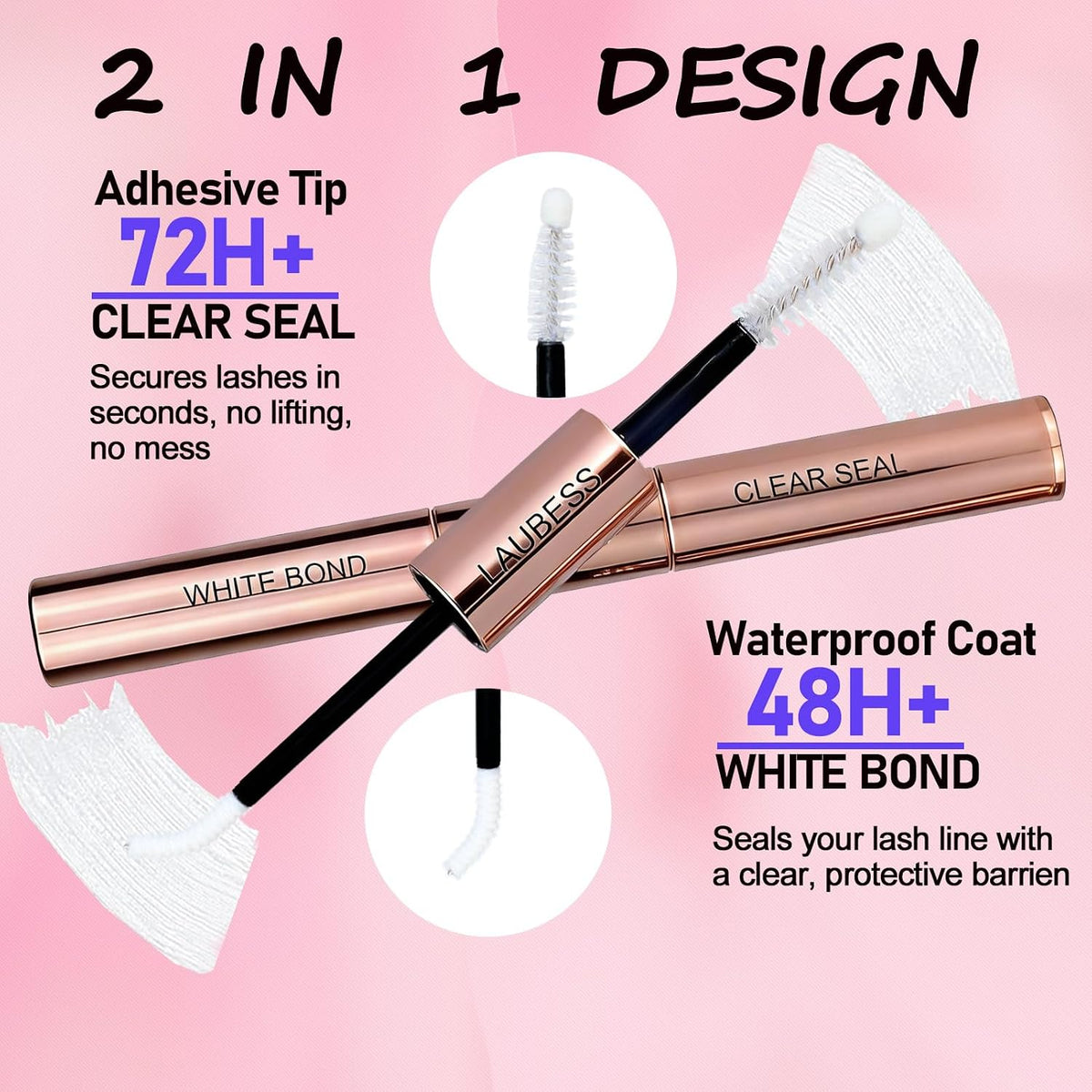 Lash Bond and Seal Lash Glue Waterproof LAUBESS 2-IN-1 Cluster Lash Glue for Eyelash Clusters 72H 10ml (White/Clear)