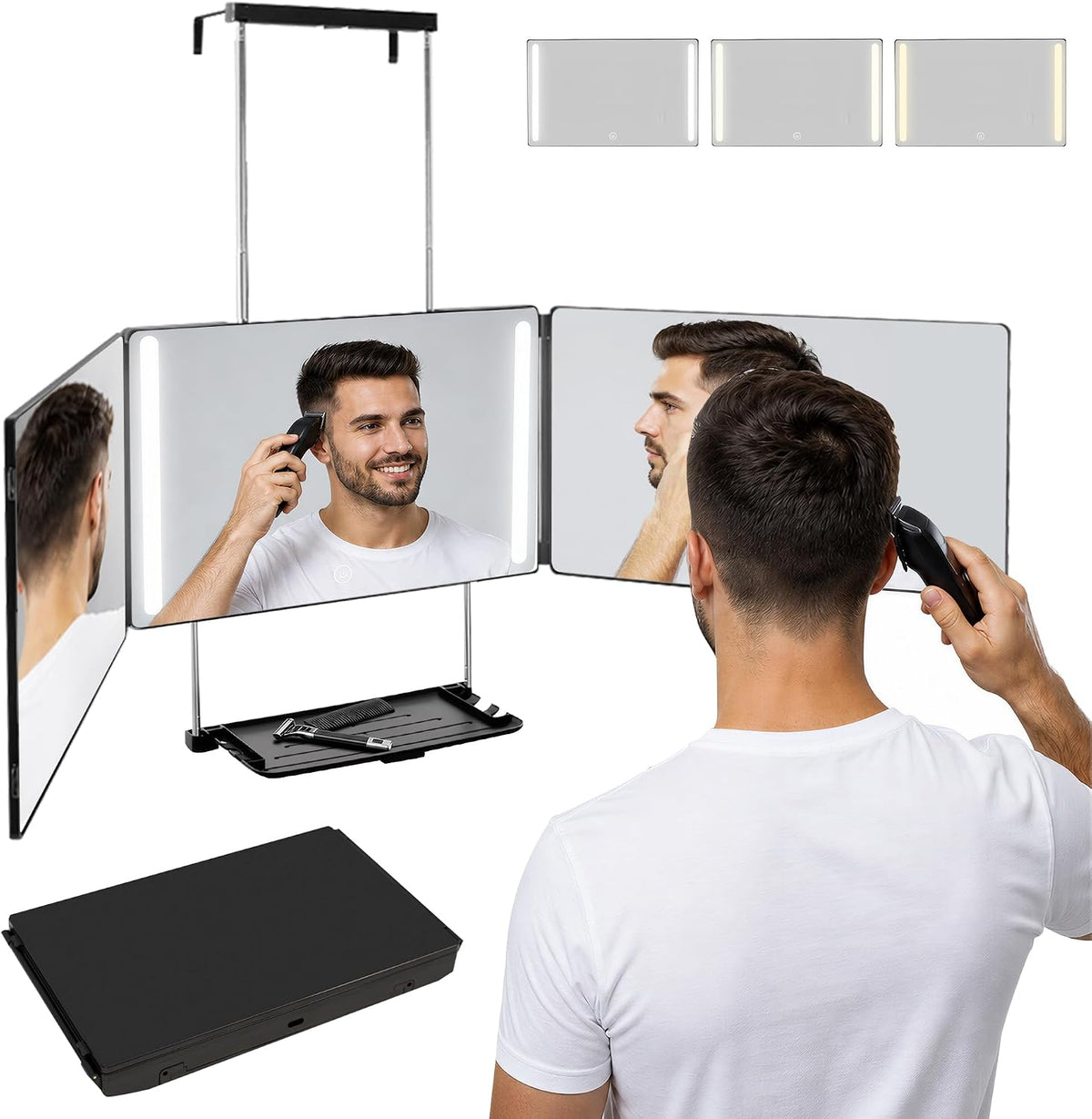 3 Way Mirror with Light & Shelf for Self Hair Cutting Rechargeable