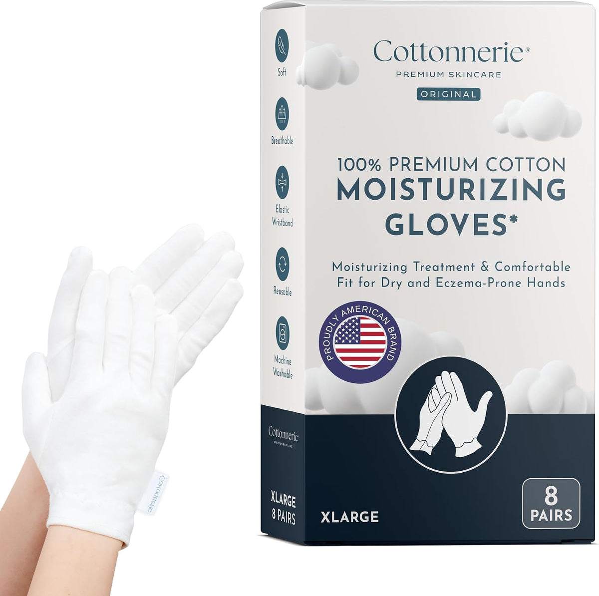 4 Pairs Cottonnerie Original Cotton Gloves for Dry Hands Sleeping, Moisturizing Gloves Overnight, Hand Moisturizer Glove
