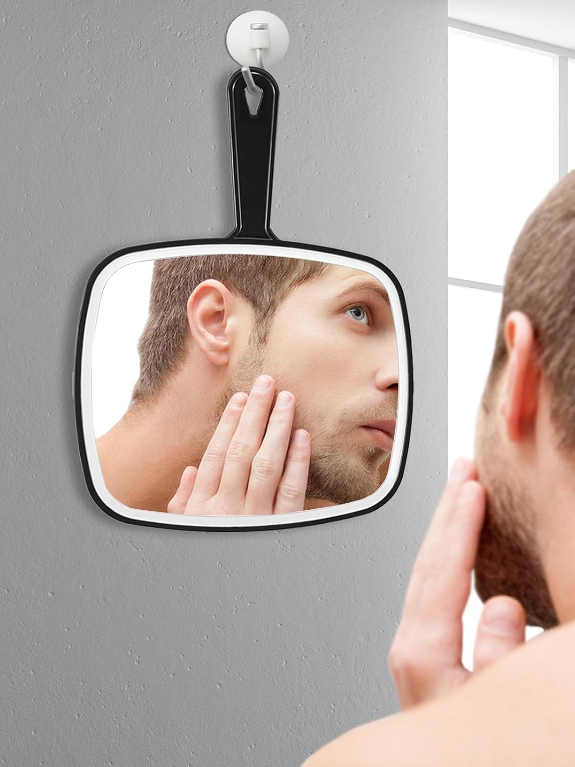12.4" Lx 9" W Handheld Mirror, Wide View Shower Mirror , Black