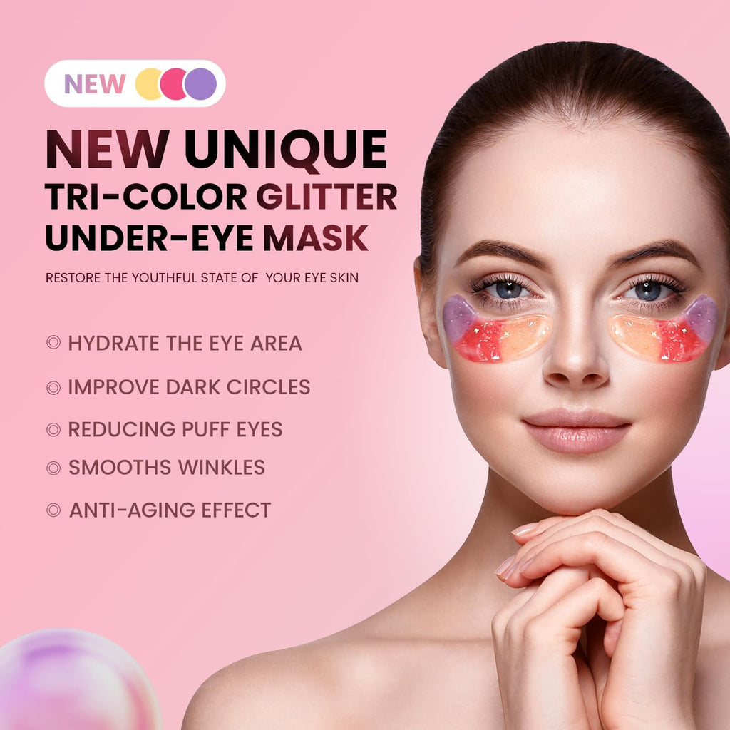 Under Eye Patches (24 Pairs) - Tri-color Glitter Eye Gel Pads for Dark Circles, Puffy Eyes, Under eye Bags, Wrinkles | N